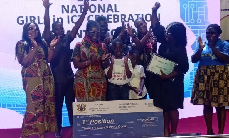 Success Joycelyn Dadzie (middle) surrounded by the Minister for Communications and Digitalisation, Mrs. Ursula Owusu-Ekuful and family members