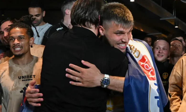 Leeds players and staff stayed at Elland Road after their match and celebrated together after promotion was confirmed thanks to Burnley's win over Sheffield United