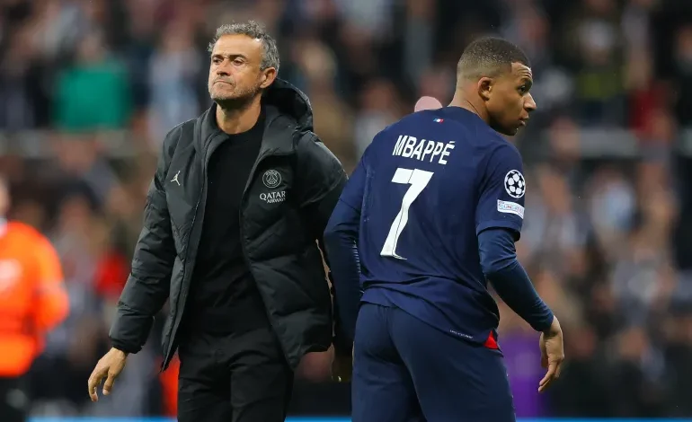 PSG coach Luis Enrique, left, and then-PSG forward Kylian Mbappe had a challenging relationship in the Frenchman's final season at the Paris club in 2023-24