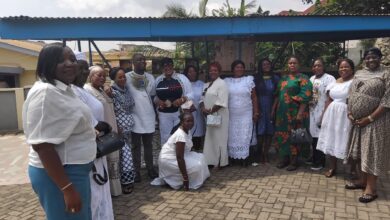 NPP General Secretary, Justin Frimpong Kodua (5th left) surrounded by constituency women's organisers as well as Regional Executives and party members during the donation to the Missionaries of Christ Children's Home