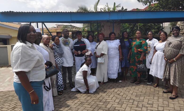 NPP General Secretary, Justin Frimpong Kodua (5th left) surrounded by constituency women's organisers as well as Regional Executives and party members during the donation to the Missionaries of Christ Children's Home