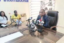 Bright Appiah (right), Executive Director, Child Rights International, Ghana, addressing journalists at the news conference